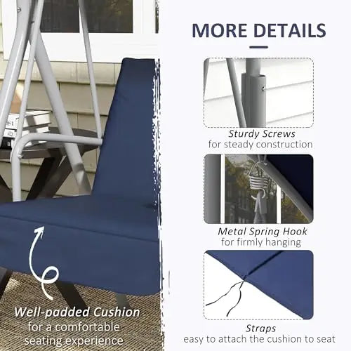 Blue Dual-Seat Outdoor Hanging Swing With Canopy, Center Table, Two Cup Slots, And Padded Cushions For Garden Or Deck