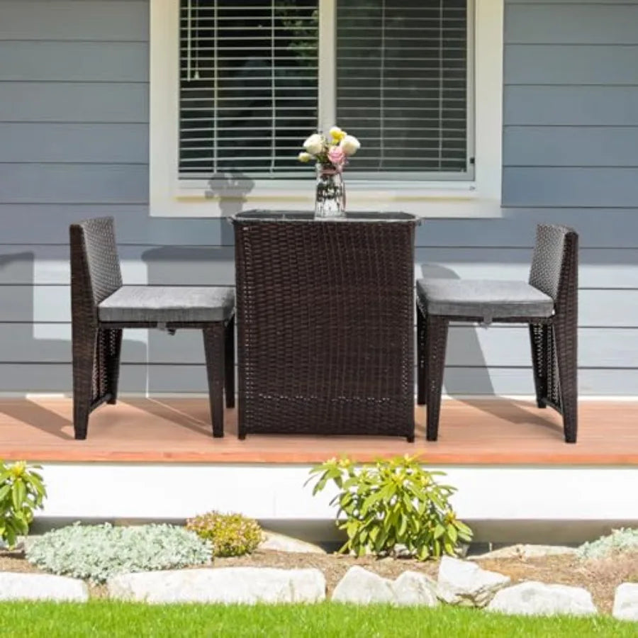 Wicker Outdoor Patio Bistro Set Glass Top Table Chairs