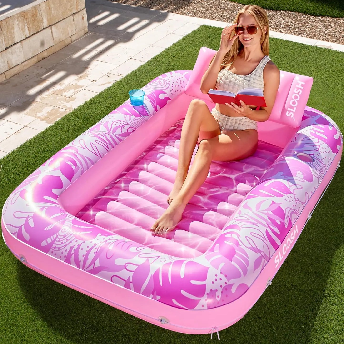 JOYFY Inflatable Tanning Pool Lounger Float 70" x 46" Pool Floats Adult with Pillow Sunbathing Bed Lounge for Summer Water Party