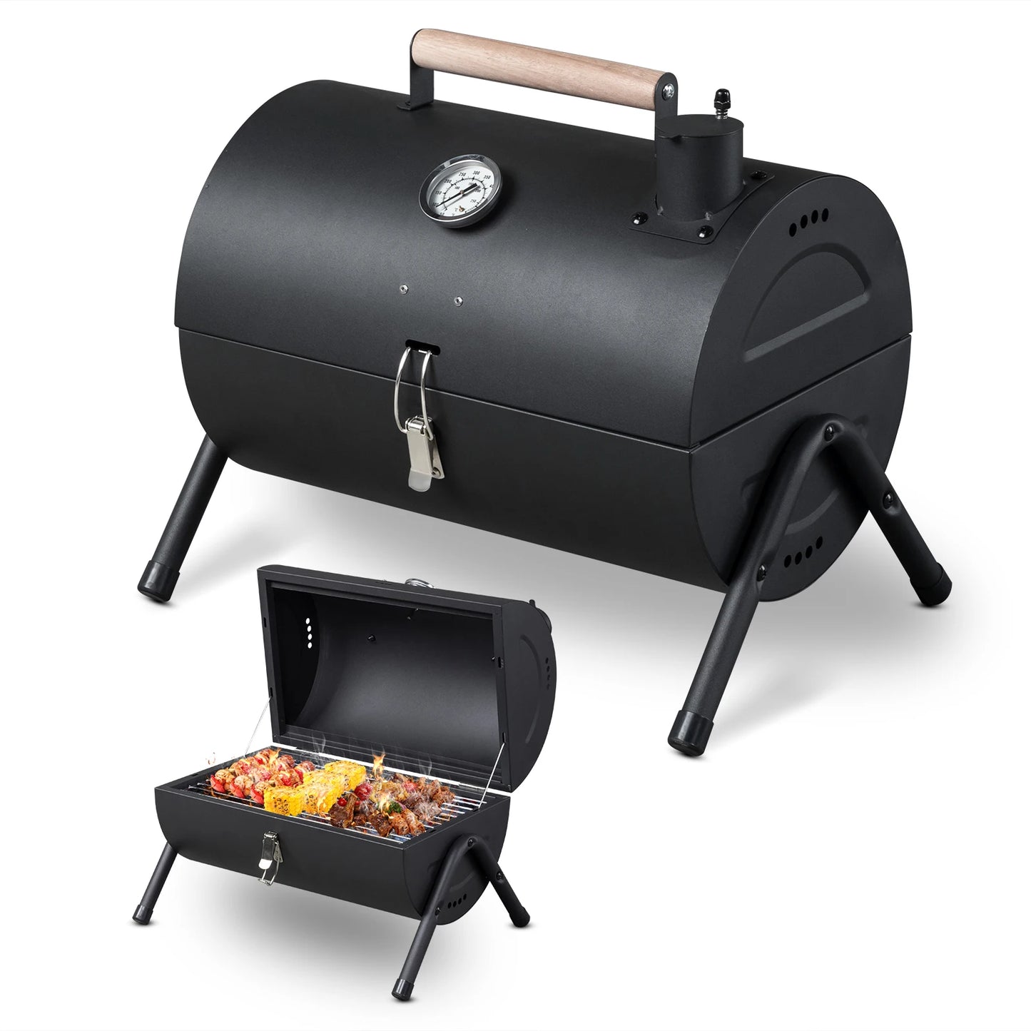 Portable Charcoal Grill With Thermometer And Wooden Handle