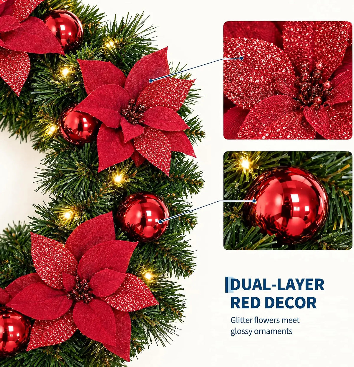 HiMiss Artificial Christmas Wreath With Flowers For Door Holiday Decoration