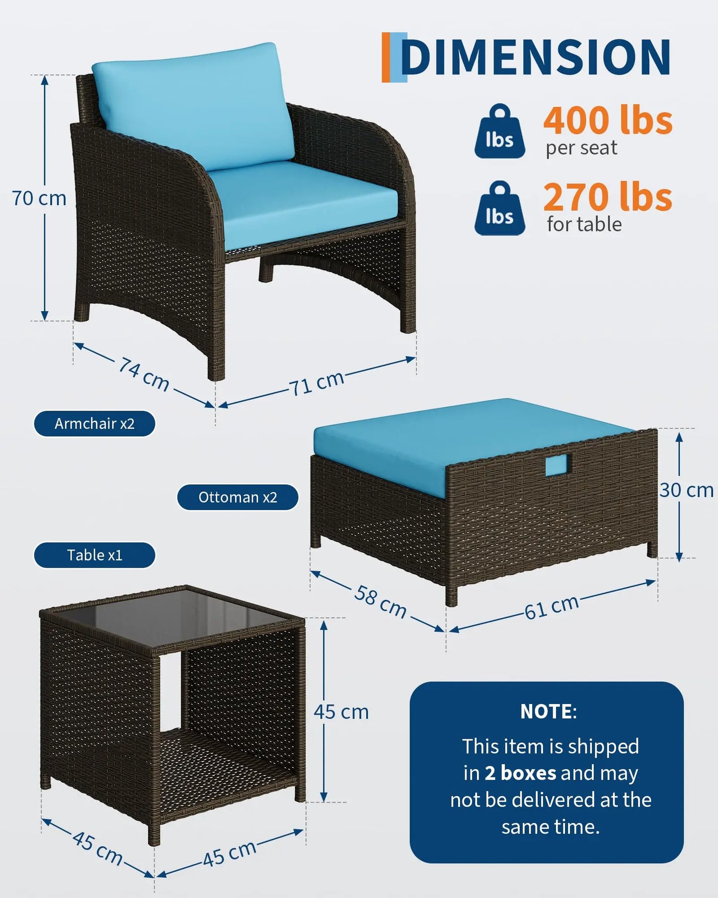 HiMISS 5 Piece PE Rattan Patio Set With Ottomans And Glass Table