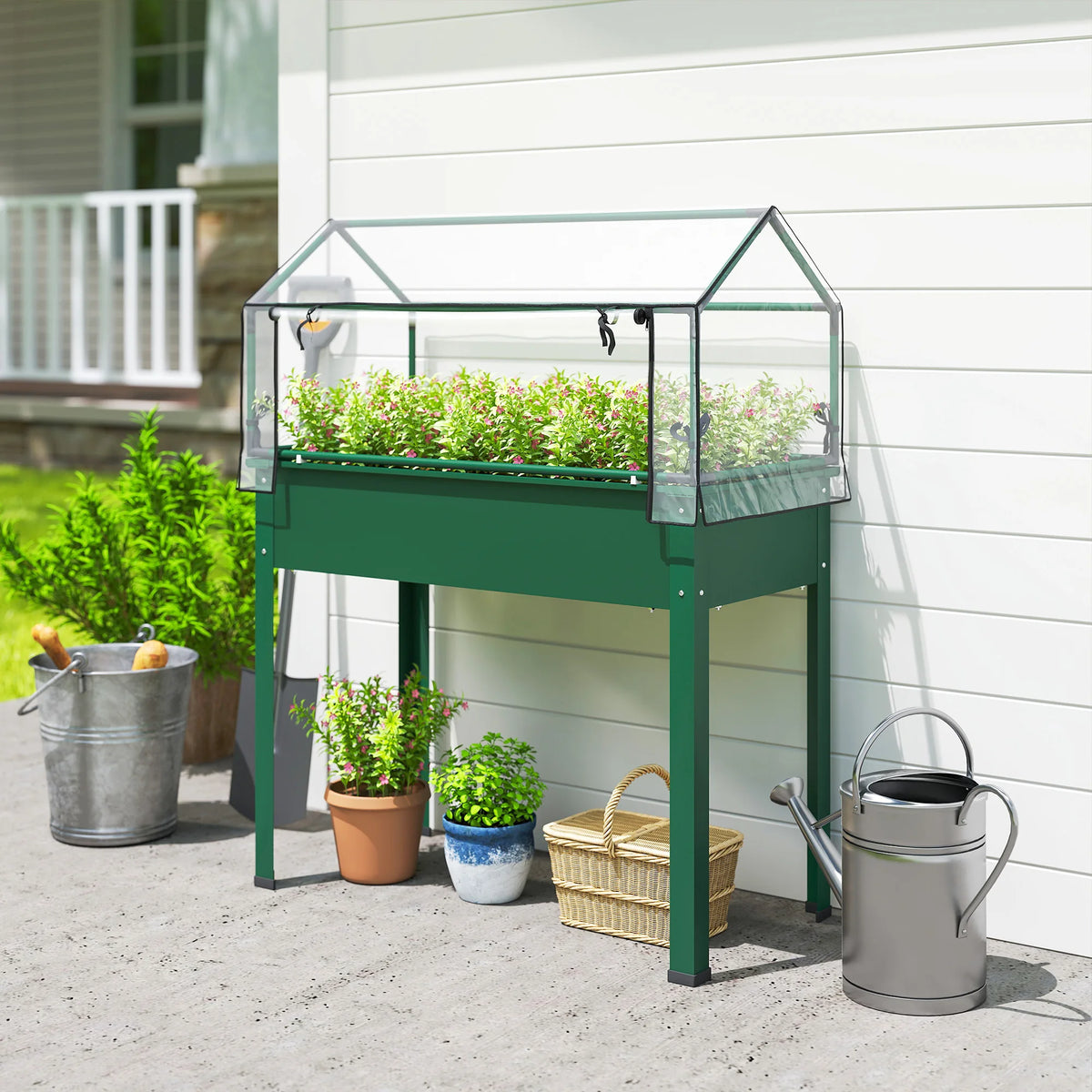 Raised Garden Bed with Greenhouse Cover, Green