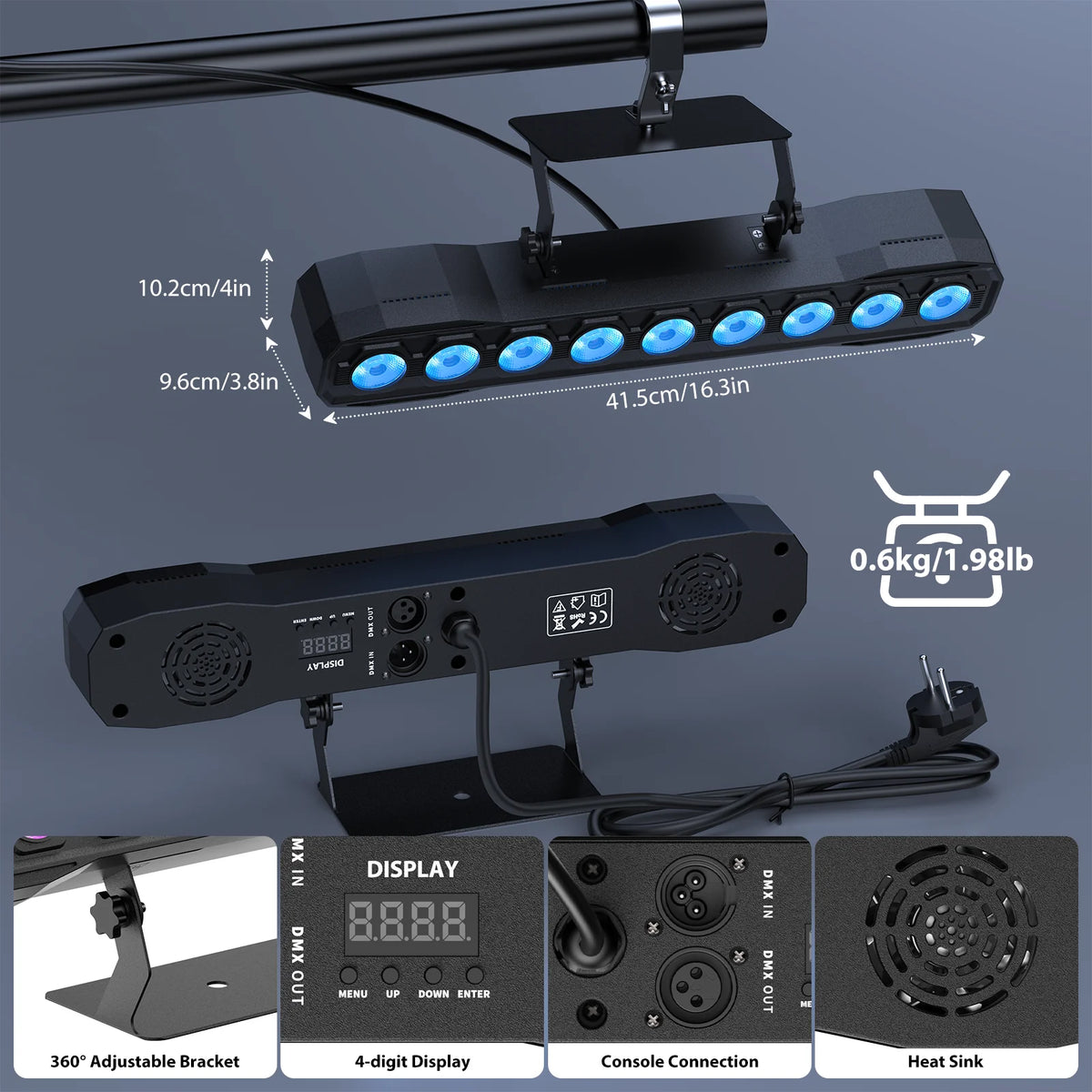 U'King 60W Wall Wash Light Bar 9LEDs RGBW DJ Stage Lights Bar With Remote Control For Church Events Wedding DJ Disco Party Bar