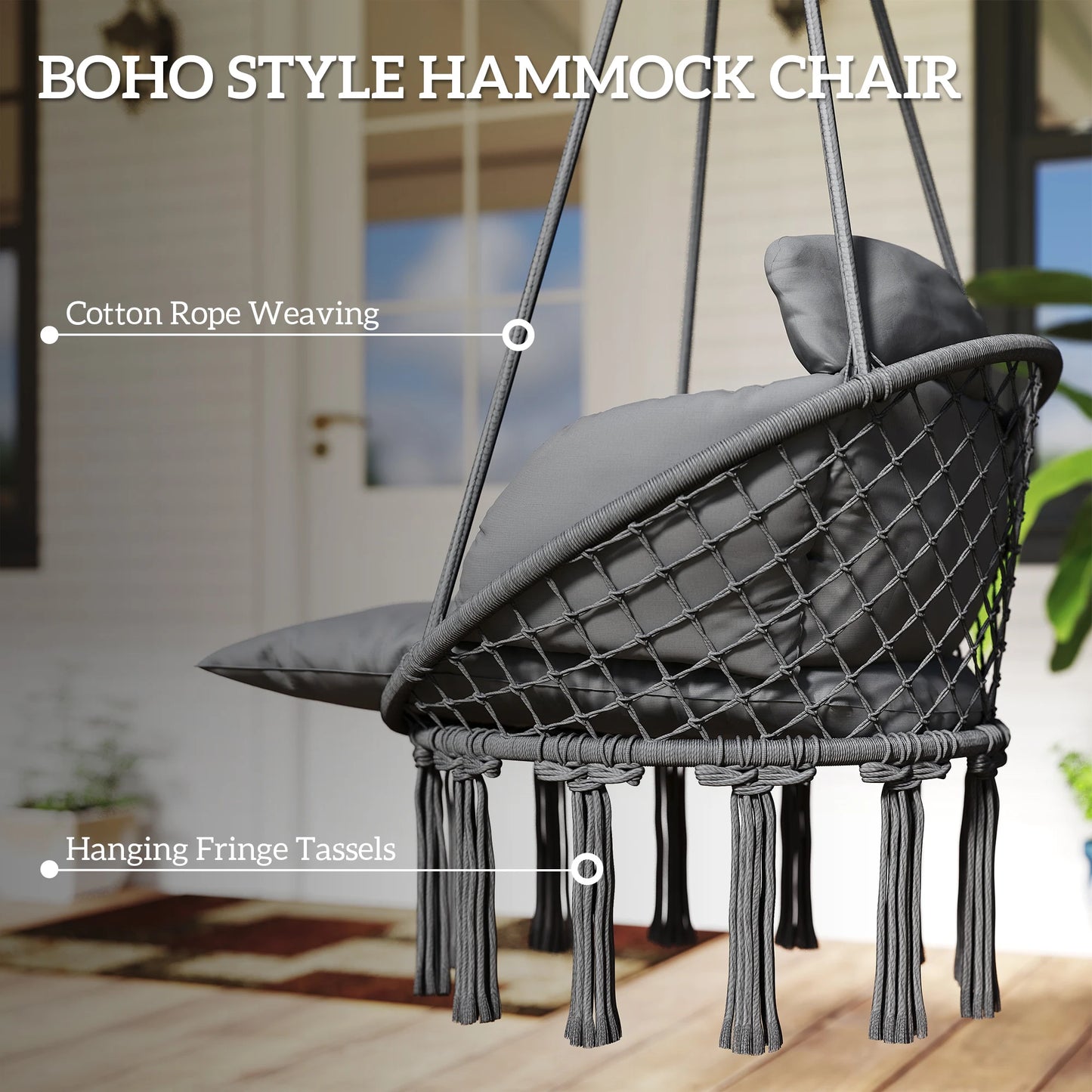 Hanging Hammock Chair with Cushion, Macrame Swing Chair, Dark Gray