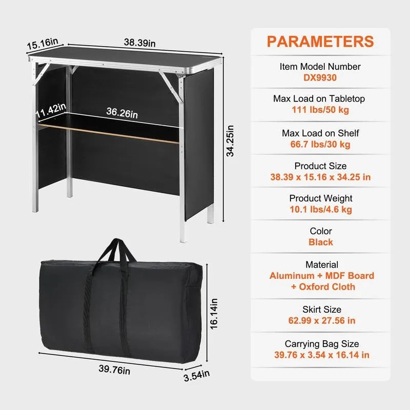 Folding Portable Bar Table, Tradeshow Podium Table for Indoor, Outdoor, Party, Picnic, Exhibition, Includes Carrying Case, Storage Shelf and  Black Skirt, 38.39" x 15.16" x 34.25"