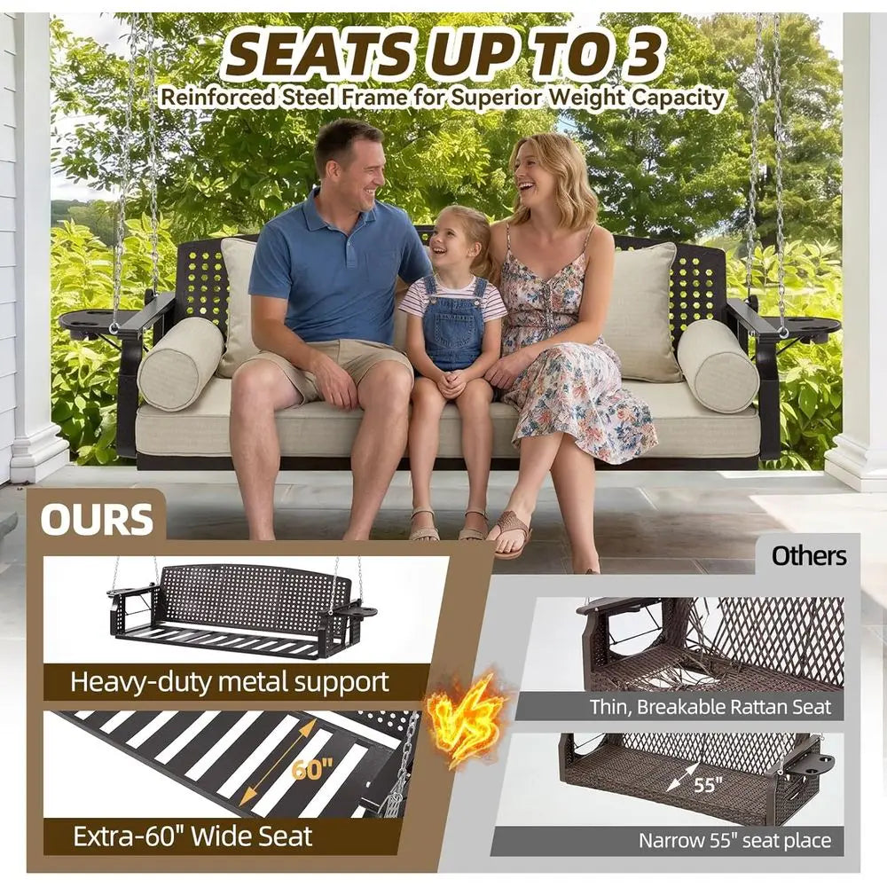 3 Seat Hanging Porch Swing, Patio Swing Bench with Cup Holders & 3 Back Cushions, Swing Chair with Chains or Deck Garden Backyar