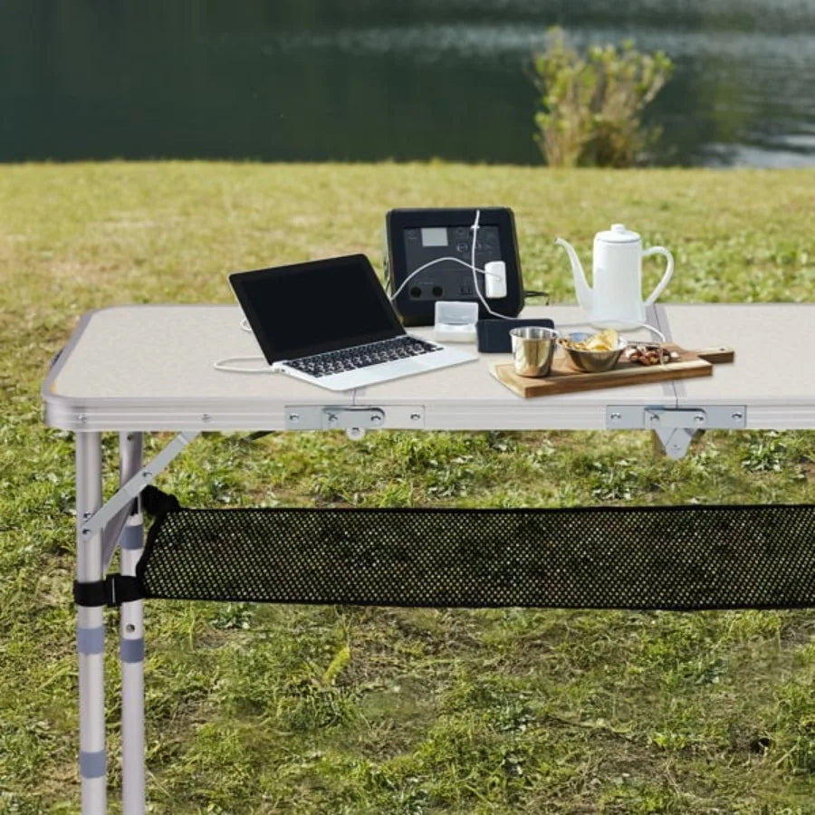 Folding Camping Table 3 Adjustable Heights Aluminum Tabletop Mesh Shelf 110lb Capacity for Camping Picnics Beach Patio