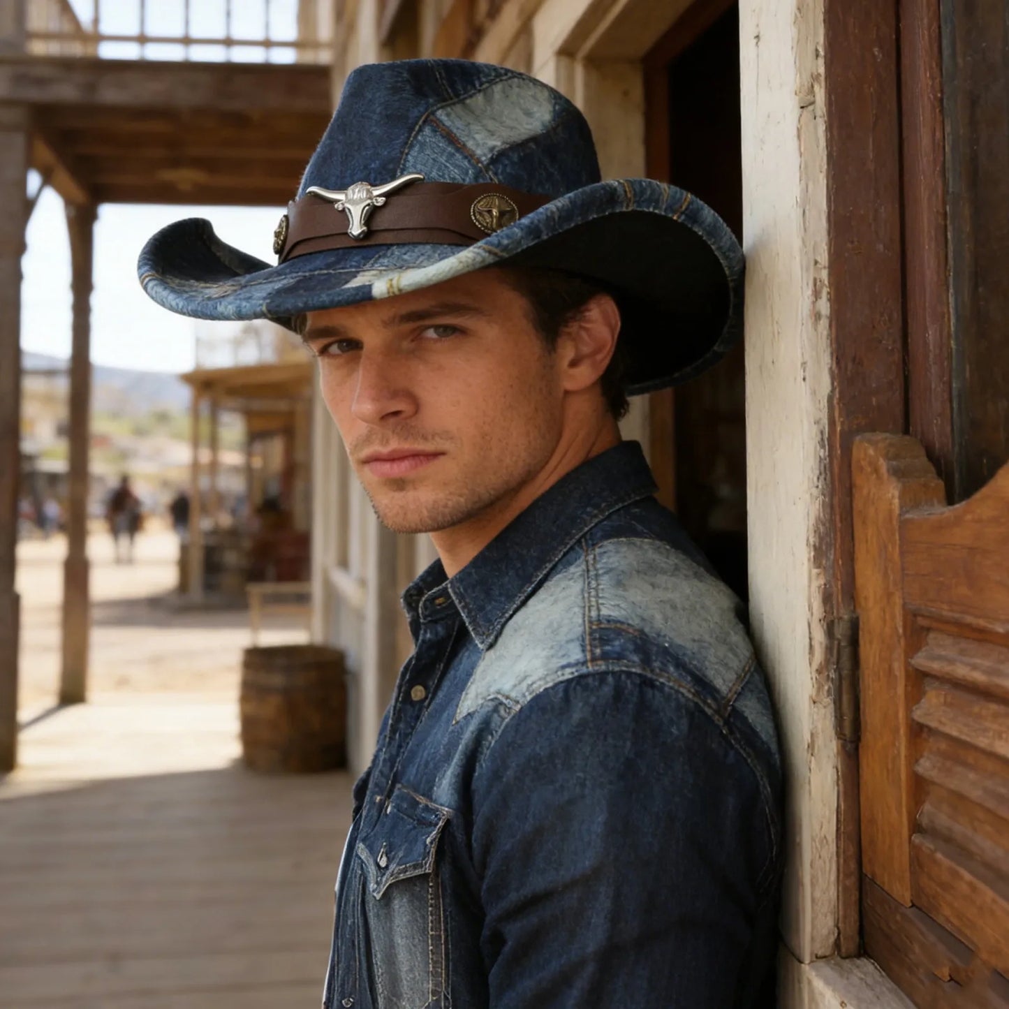Men's Women's Denim Patchwork Western Cowboy Hat PU Leather Band Bull Head Decor
