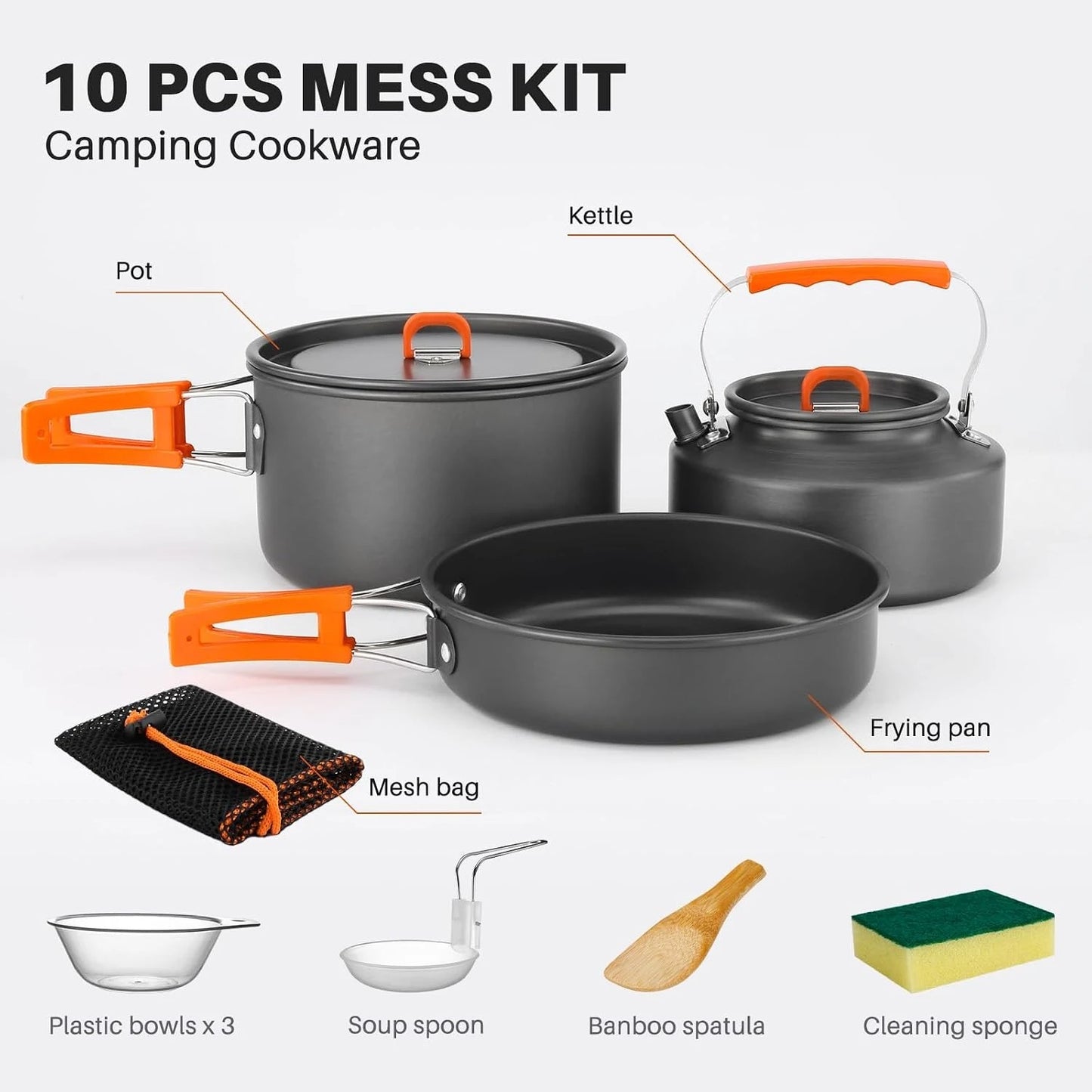 Open Fire Compatible 10Pcs Camping Cookware Set Stackable Outdoor Pots Pans Kit With Kettle Bowls Spoon For Hiking Backpacking Family Picnic