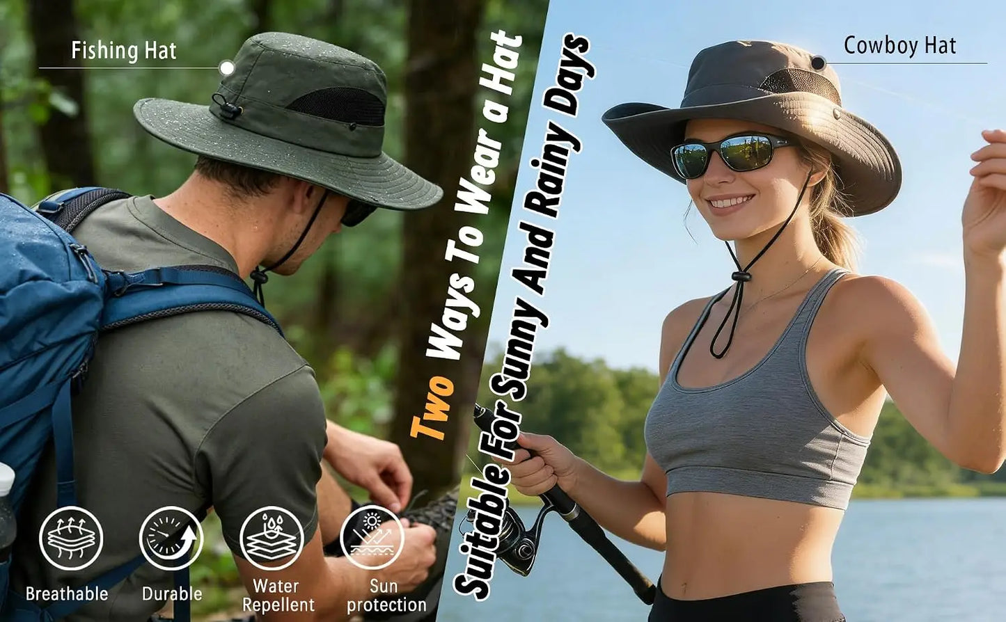 Wide Brim Safari Sun Hat for Men Women with Adjustable Chin Strap for Fishing Hiking Camping
