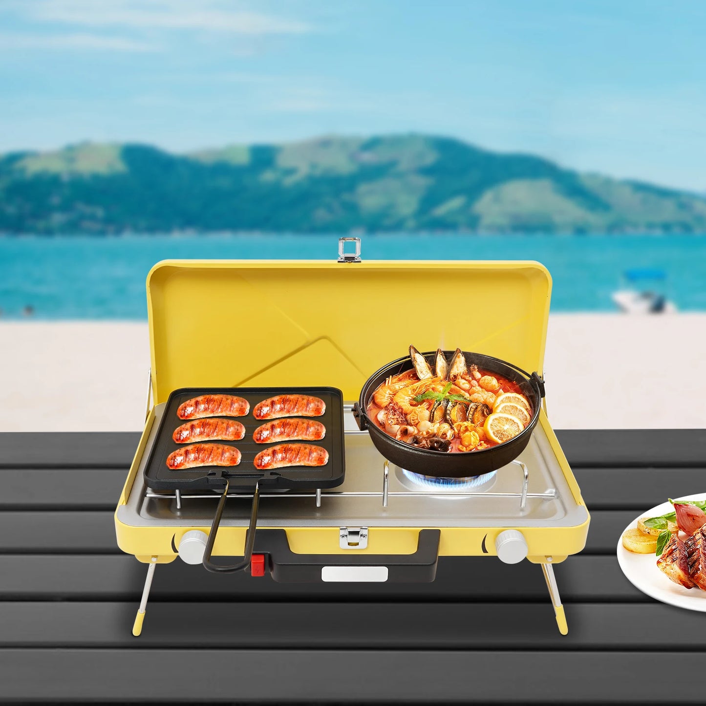 2-Burner Foldable Outdoor Cooker, Compact Portable Camp Cooking Range, Dual Flame Backpack Stove for Wilderness Hiking & Backcountry Trips