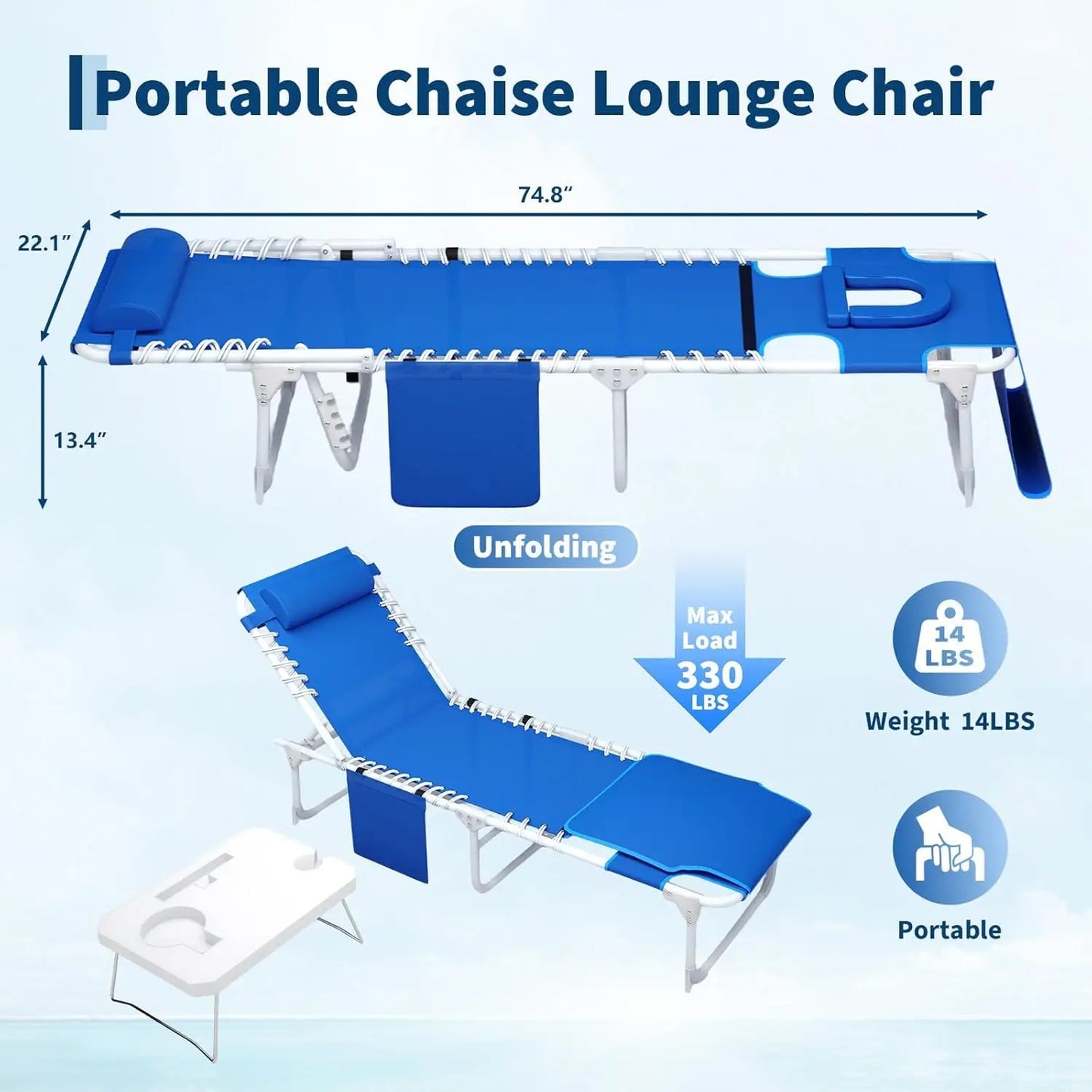 Folding Sun Lounger with Face Hole for Tanning, Outdoor Chaise Lounge Chair 5-Position Adjustable Reclining Lay Flat Beach Chair with Side Table & Carry Strap for Pool Patio Camping
