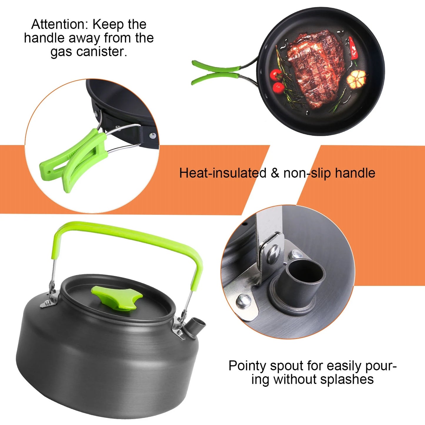 16Pcs Complete Camping Cookware Mess Kit, Lightweight Hard Anodized Aluminum Outdoor Cooking Set with Pot, Pan, Kettle, Foldable Spoon Fork Knife Soup Spoon, 3 Plastic Bowls, Wooden Spatula, Cutting Board, Cleaning Tool, Cara