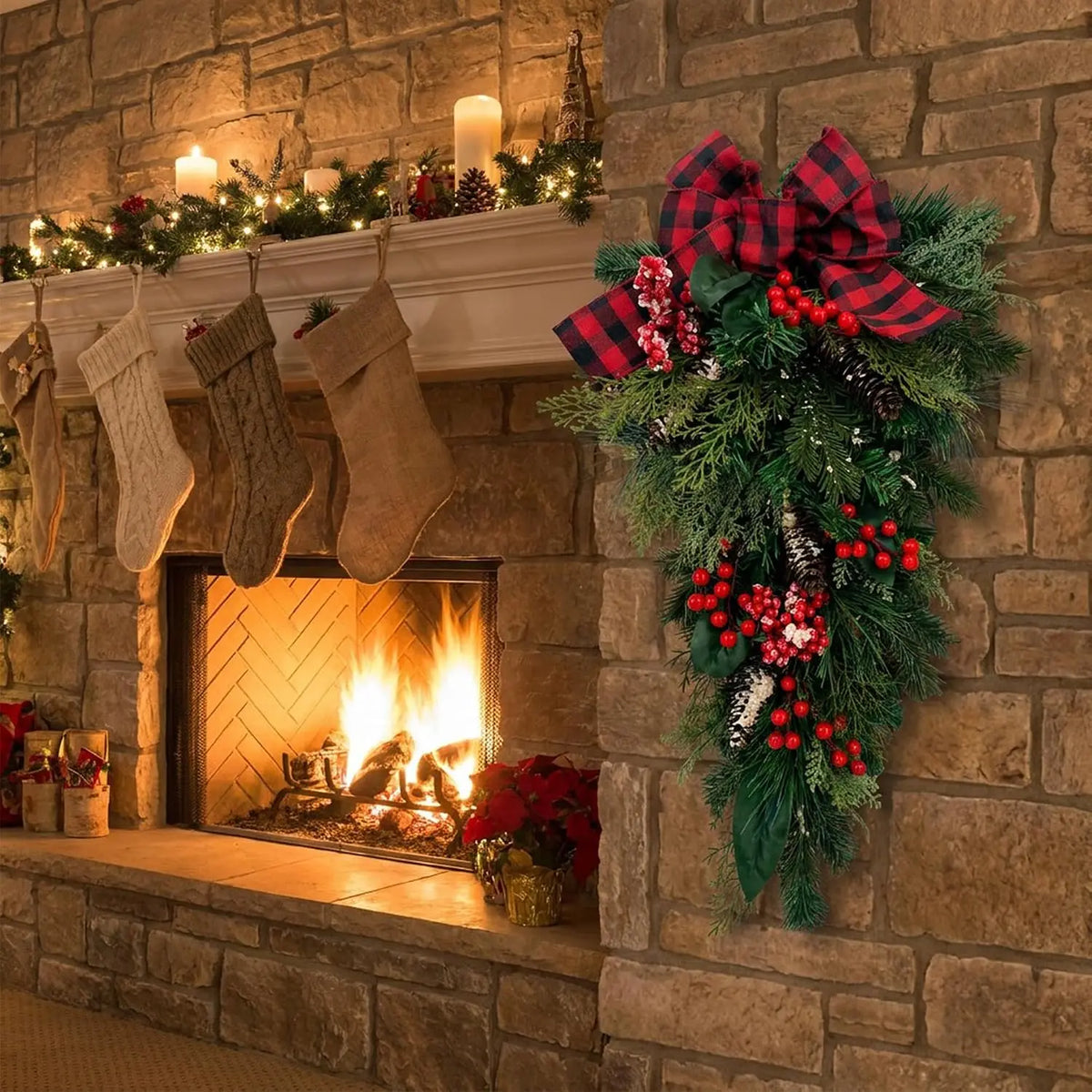 HiMISS Farmhouse Christmas Teardrop Swag With Plaid Bow