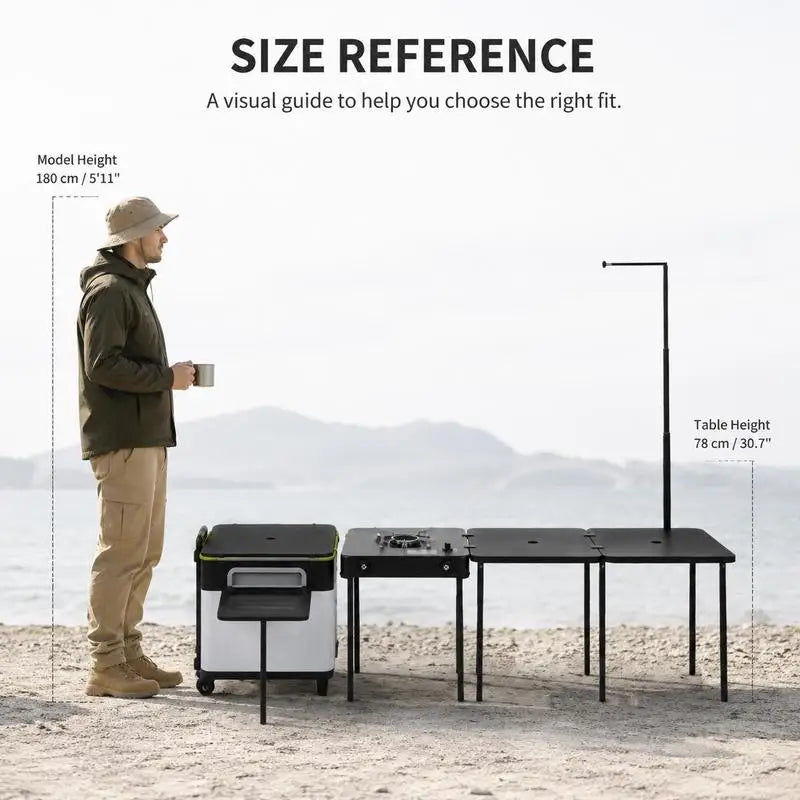 Portable Outdoor Mobile Kitchen With Wheels, Camping Box With Integrated Cooking Station, Folding Table And Storage Organizer, Steel Construction, Black, 65L Capacity, 18.5x17.7x20 Inch