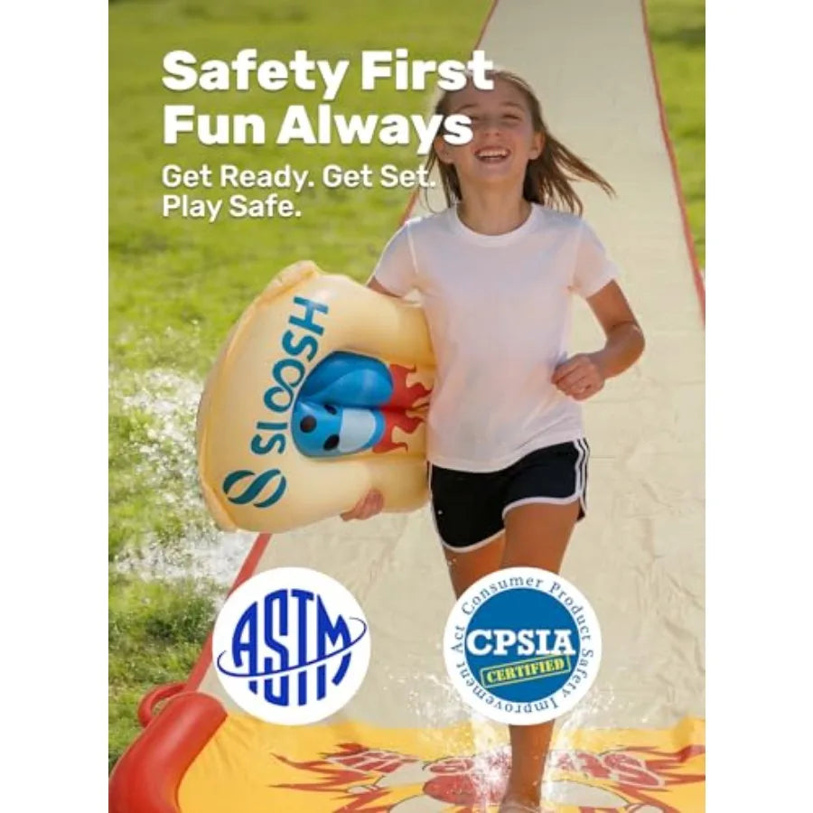 20FT Lawn Water Slide Bowling Game Set for backyard outdoor fun, PVC material, blue and yellow, built-in sprinkler and 2 bodybo