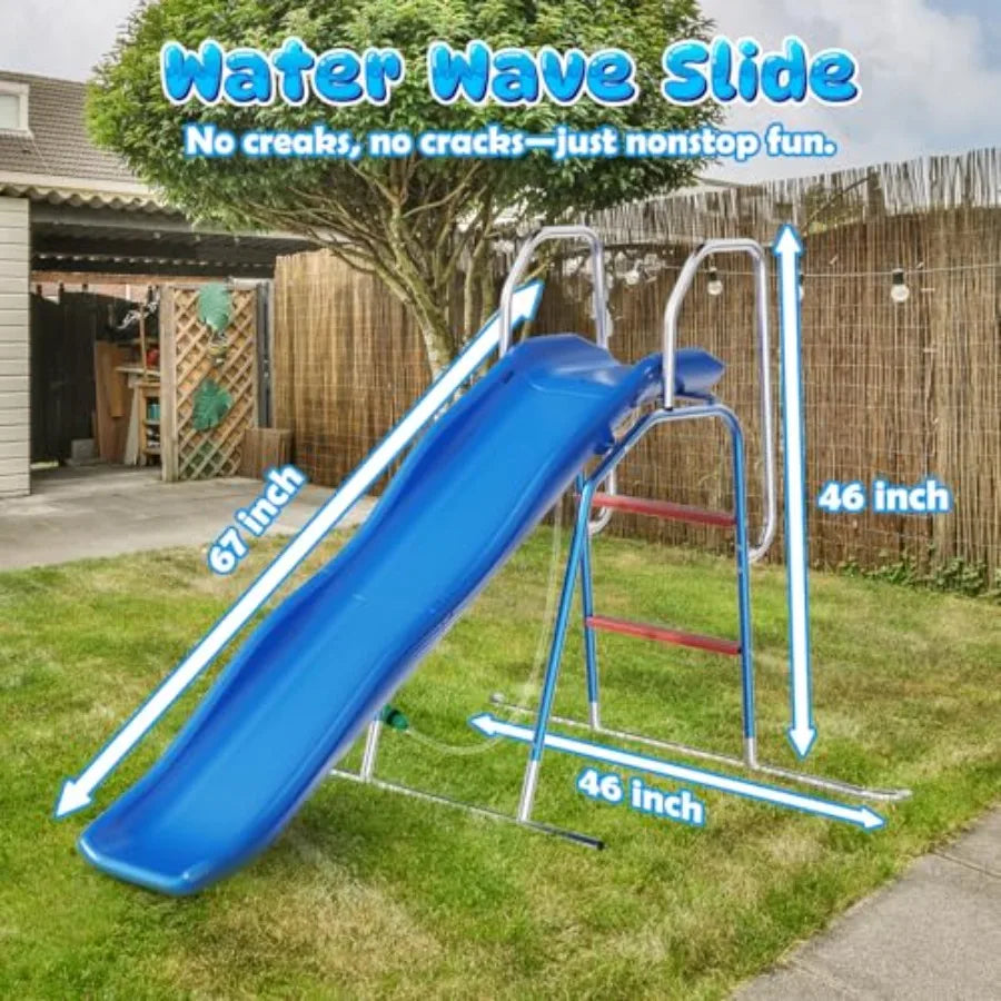 Backyard water slide for kids, PVC material, blue and yellow, 3-zone spray sprinkler with ground tarp for summer outdoor water