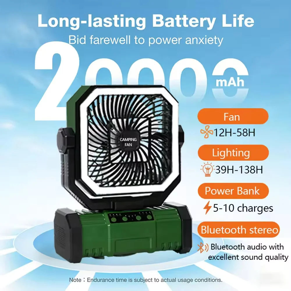 Outdoor Camping Fan 20000mAh Rechargeable Fan with LED Lantern & Remote for Fishing Travel, 4 Speeds 8H Timer, Hanging Hook