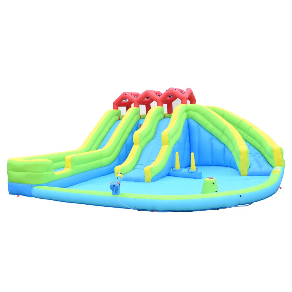 7 in1 Inflatable Water Park Three Slide with Blower Water Gun Sprinkler Fountain Climbing Wall for Children