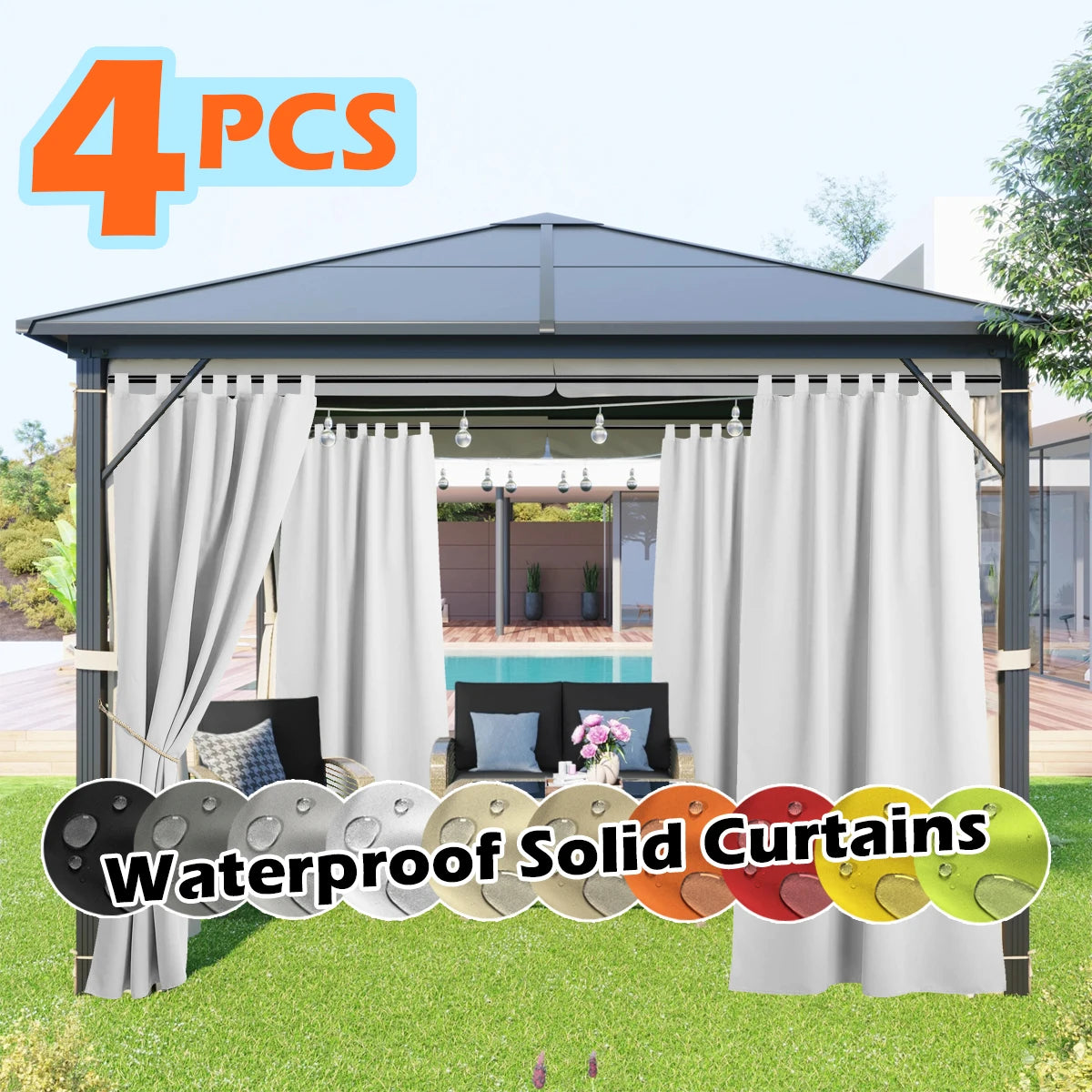 4 Panels Outdoor Curtains, Waterproof & UV-Resistant Tab Top Design for Porch, Pergola, Cabana, Gazebo Decor