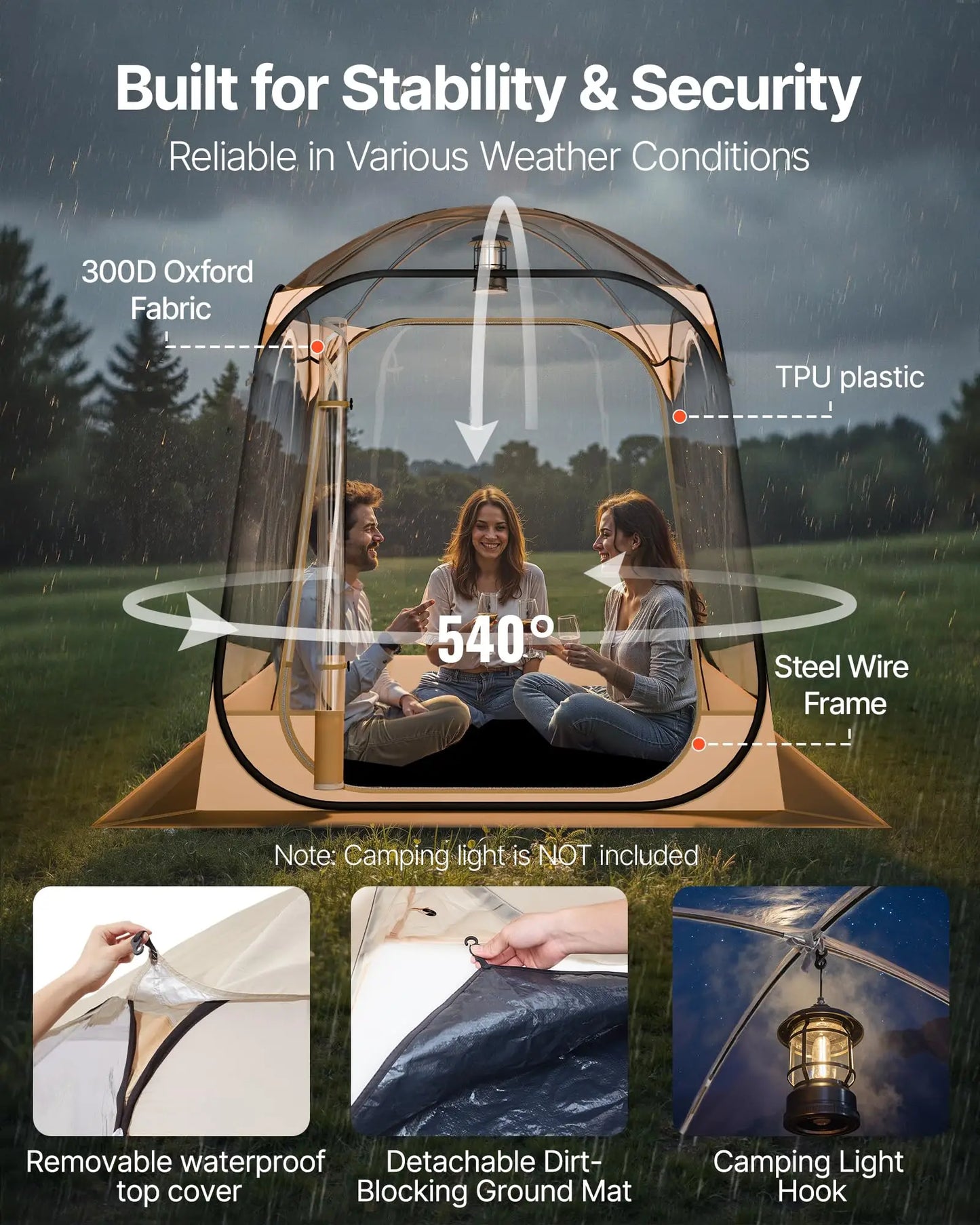Pop-Up Clear Bubble Tent For 1-6 Adults, Waterproof Outdoor Dome Shelter With Floor Mat