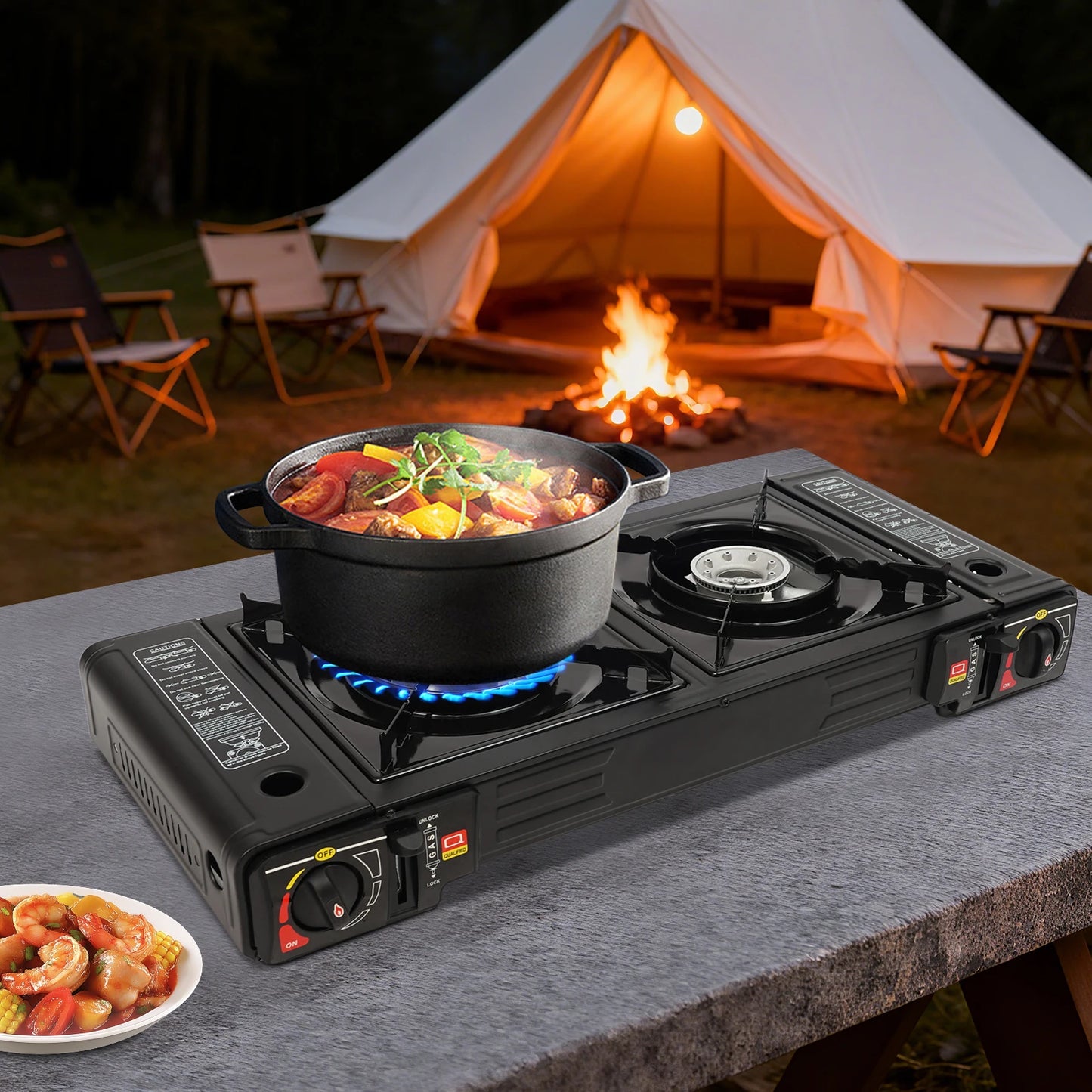 Portable Two Burner Camping Gas Stove With Baking Tray