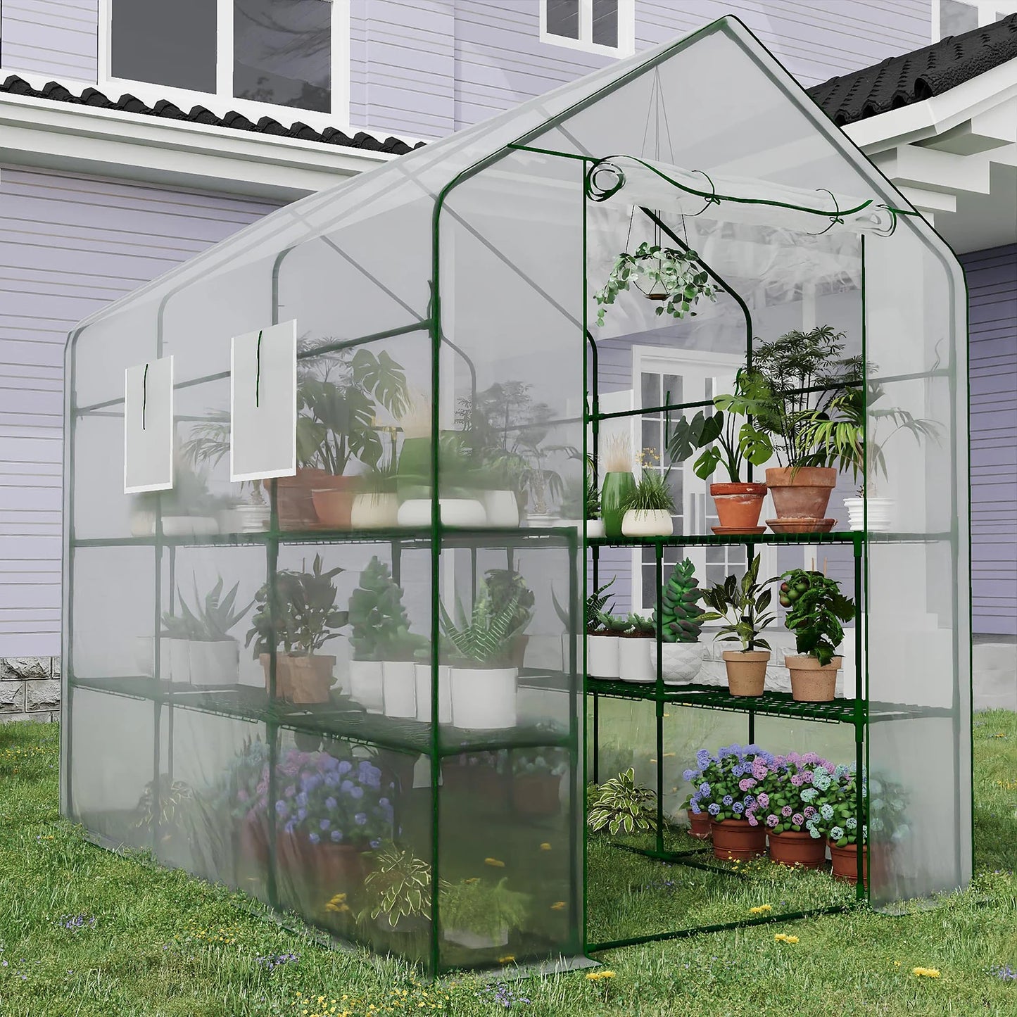 57x85x77in Walk-In Greenhouse With 8 Shelves, PE Cover, Mesh Windows & Zipper Door, Heavy Duty Plant House For Garden Backyard Patio