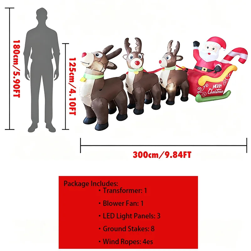 LED Inflatable Santa Sleigh with Three Reindeer Yard Decoration