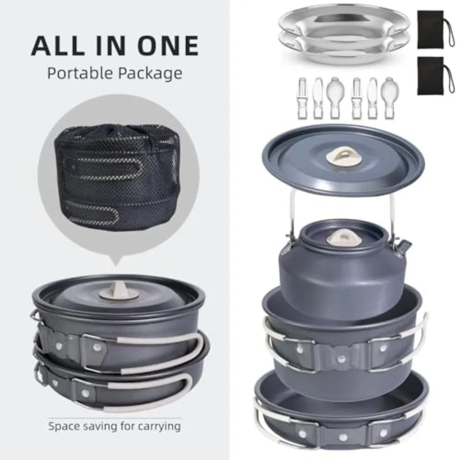Camping cookware set: aluminum non-stick pots and pans with silicone handles, black-gray color, lightweight and compact for bac