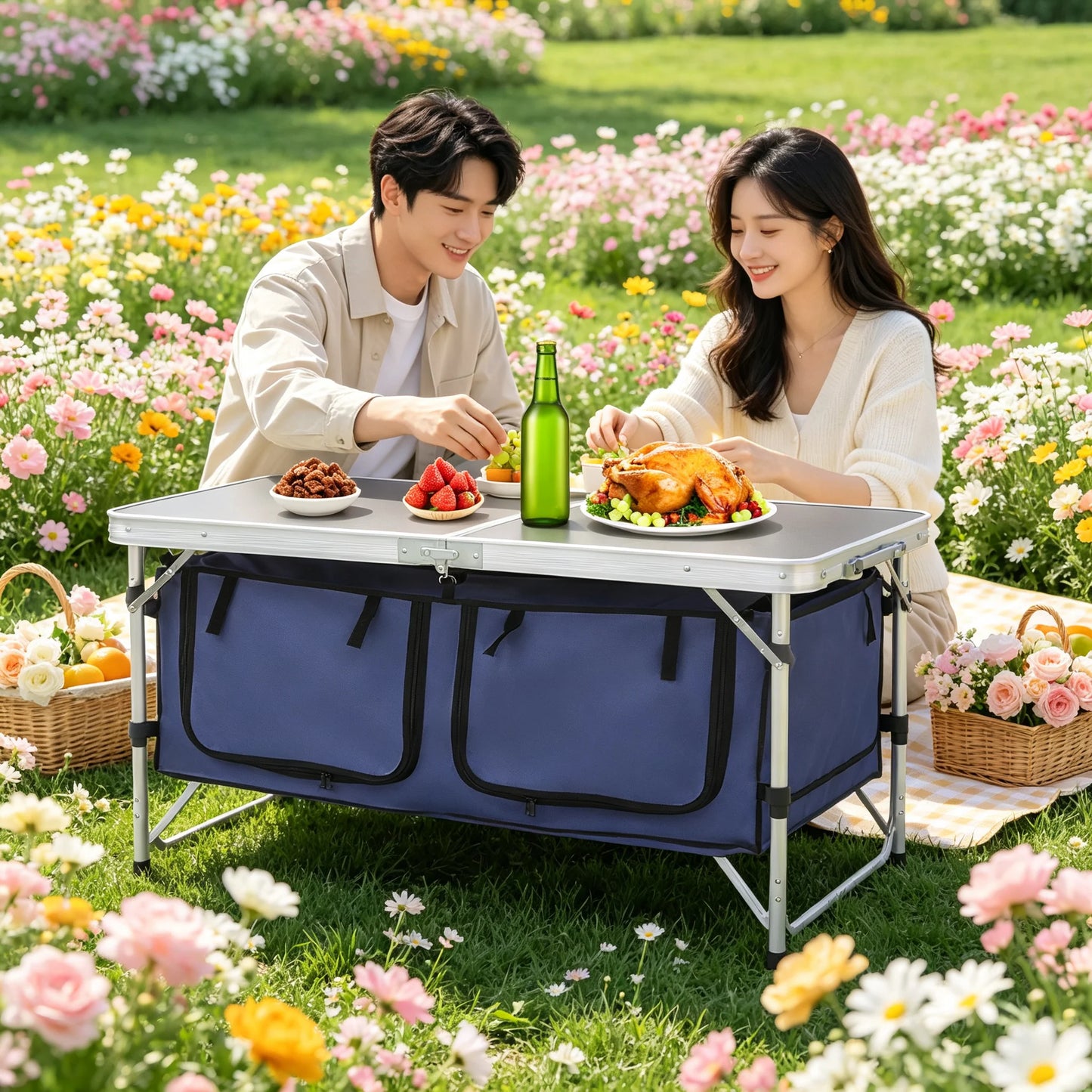 Folding Camping Table Foldable & Portable Camping Table Folding Camping Table with Adjustable Legs 120*47*70cm Dual Panels Adjustable Height Grip-and-go Feet for Travel Beach Backyards BBQ Party