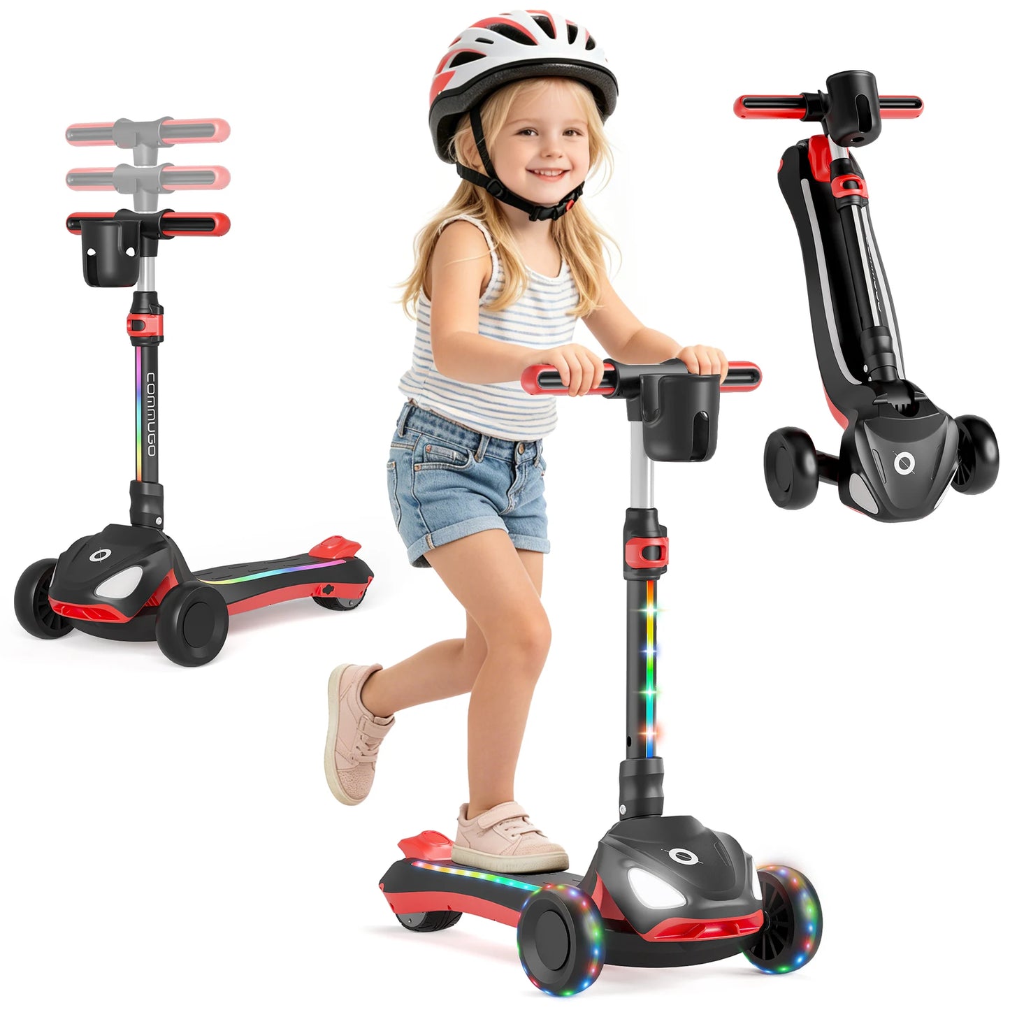 D3 Electric Scooter for Kids with 3 Wheels, 3 Adjustable Heights, Thumb Throttle, LCD Screen, Foldable, Light-Up Stem Deck & Wheels, Ideal Gift for Kids