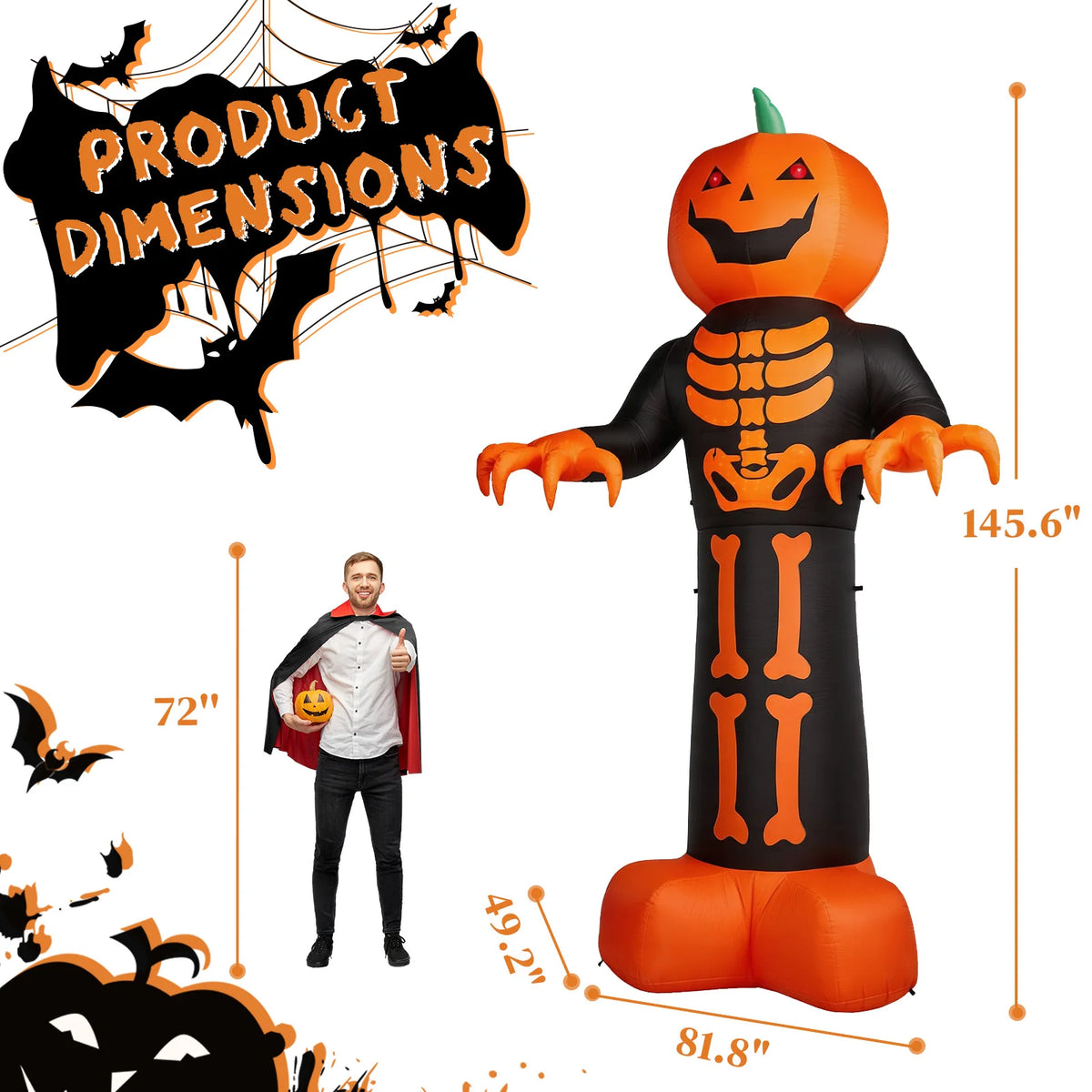 Inflatable Halloween Grim Reaper Decor With Skeleton Ribs And Pumpkin