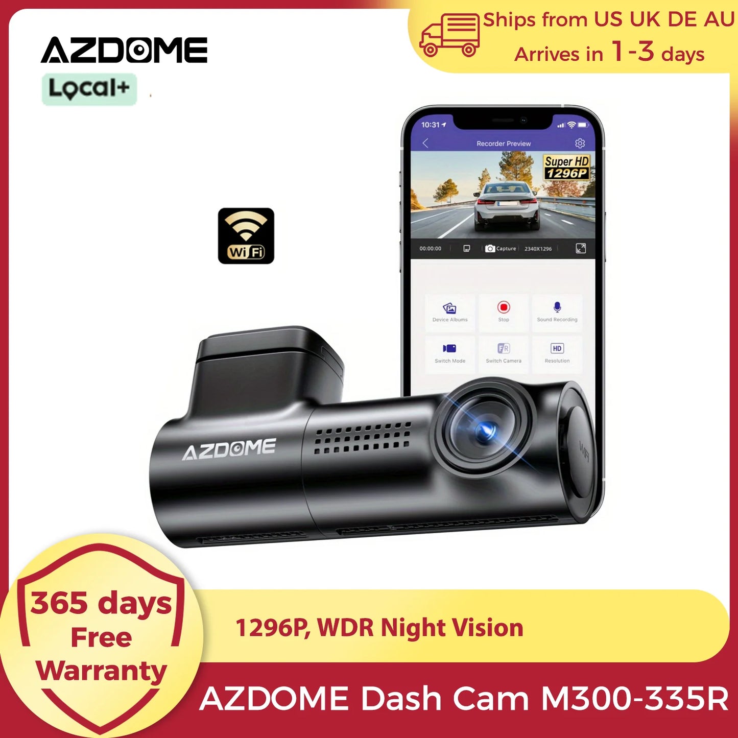 AZDOME Dash Cam 1296P WiFi Night Vision With Voice Control