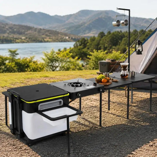 Portable Outdoor Mobile Kitchen With Wheels, Camping Box With Integrated Cooking Station, Folding Table And Storage Organizer, Steel Construction, Black, 65L Capacity, 18.5x17.7x20 Inch
