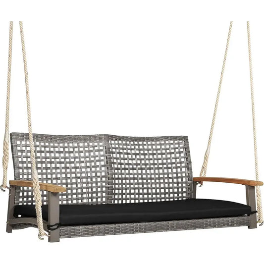 Outdoor 2-Person Porch Swing with Cushion and Ropes, Durable PE Rattan, Up to 800 lbs, Ideal for Patio, Garden (Black)