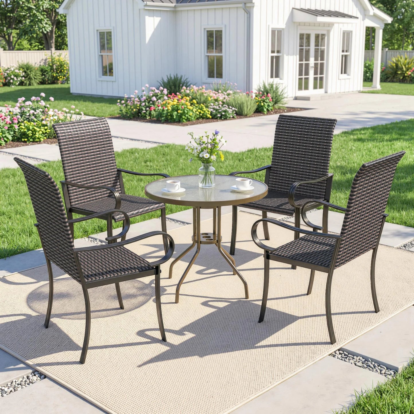 Set of 4 Outdoor Wicker Dining Chairs, All-Weather Rattan Armchairs with Armrests, Steel Frame, High Back and Deep Seating, Brown
