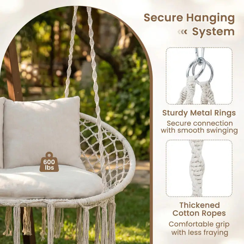 Double Swing Chair with Cushions Macrame Hanging Hammock Chair for Indoor and Outdoor Use-Beige