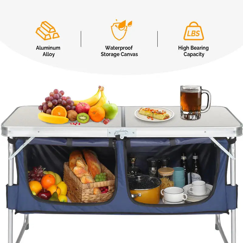 4ft Off-white MDF Desktop Outdoor Folding Table Aluminum Frame Rectangular with Blue Fabric Cabinet 3 Height Adjustments