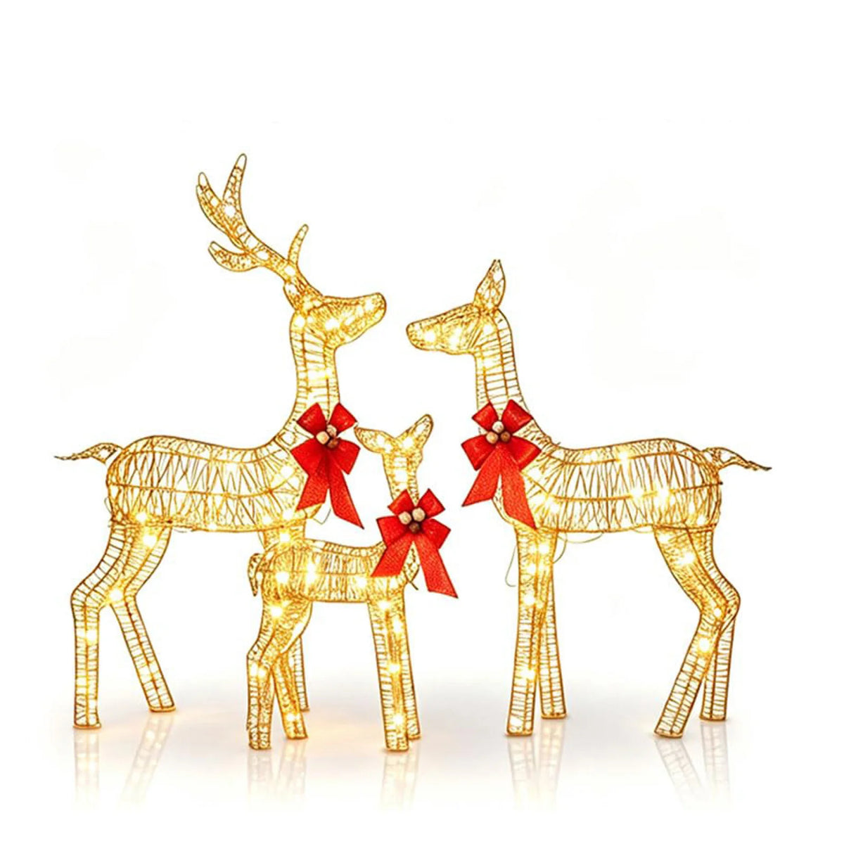 3 Piece Lighted Christmas Deer Family Outdoor, Gold Glitter Reindeer Yard Decor, 360 Warm White LED Lights, Buck Doe Fawn Set