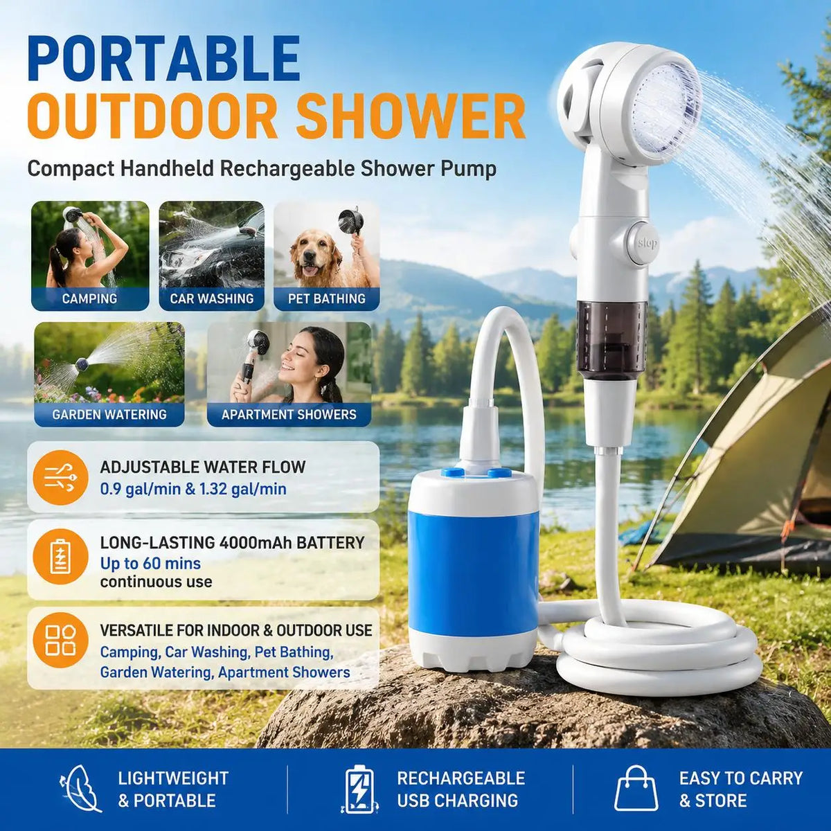 Outdoor Shower Handheld Rechargeable Gentle Shower Stream Portable Bath Sprayer for Pets Dogs Cats Car Washing Flower Watering Garden Cleaning Outdoor Use with Compact Water Pump Great for Outdoor Cleaning and Plant Watering