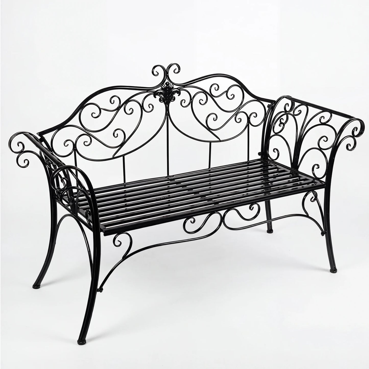 HLC Wrought Iron Garden Bench, Two-Seater Garden Bench with Decorative Wrought Iron Backrest, Outdoor Garden Bench, 2 Seats, 133x90x49 cm, Balcony, Patio, Rust-Proof, Black