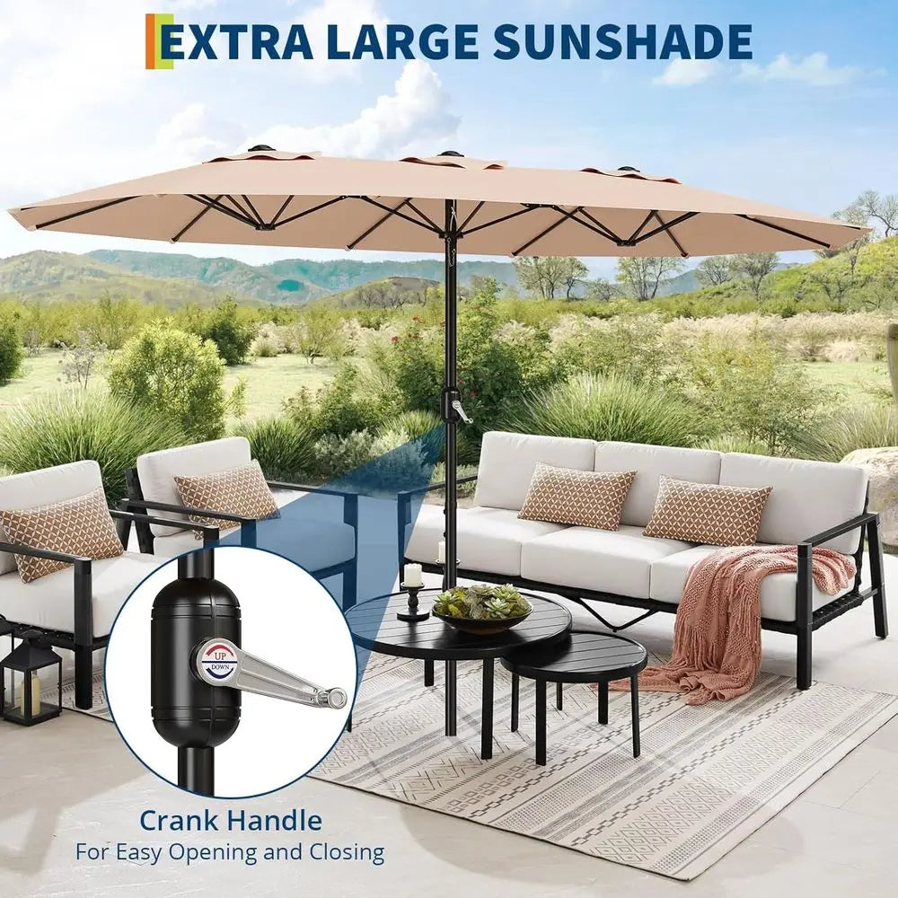 Double-Sided Patio Umbrella with Crank Handle for Outdoor, Pool, Lawn, Garden, Backyard - Beige