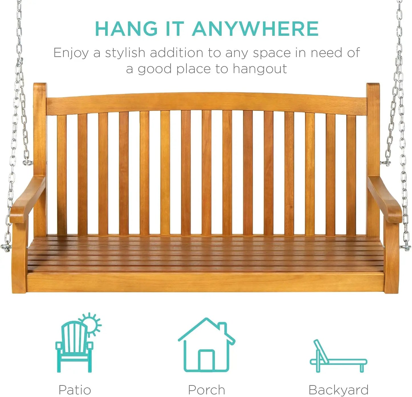 48 Inch Wood Porch Swing Outdoor Patio Hanging Bench Chair Furniture For Deck Garden Yard With Mounting Chains, Ergonomic Curved Back Design Two Seater Loveseat Glider, Brown
