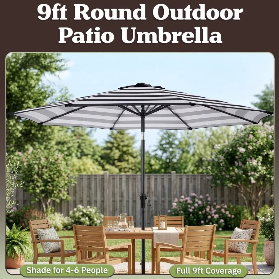 9 Ft Striped Outdoor Patio Umbrella with Tilt Black and White