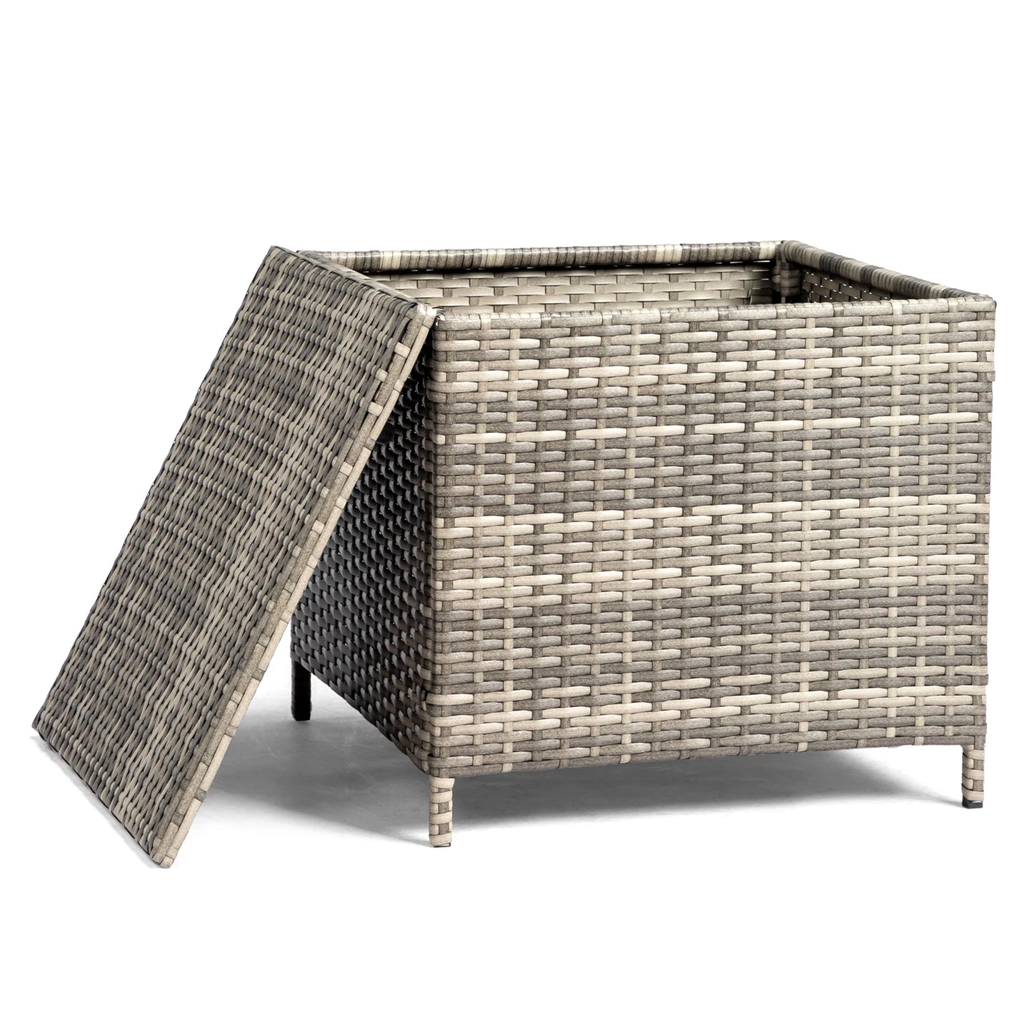 27 Gallon Outdoor PE Wicker Storage Side Table, 53×53×50cm All Weather Handwoven Rattan End Table with Sturdy Iron Frame, Dual Function Side Desk & Storage Bin for Patio Garden Backyard Store Tools Toys, Brown Gradient