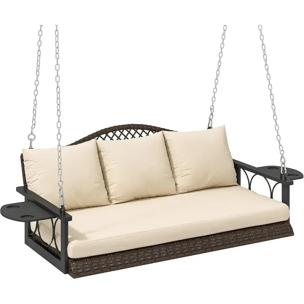Durable Outdoor Rattan Porch Swing With Integrated Cup Holders