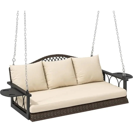 Durable Outdoor Rattan Porch Swing With Integrated Cup Holders