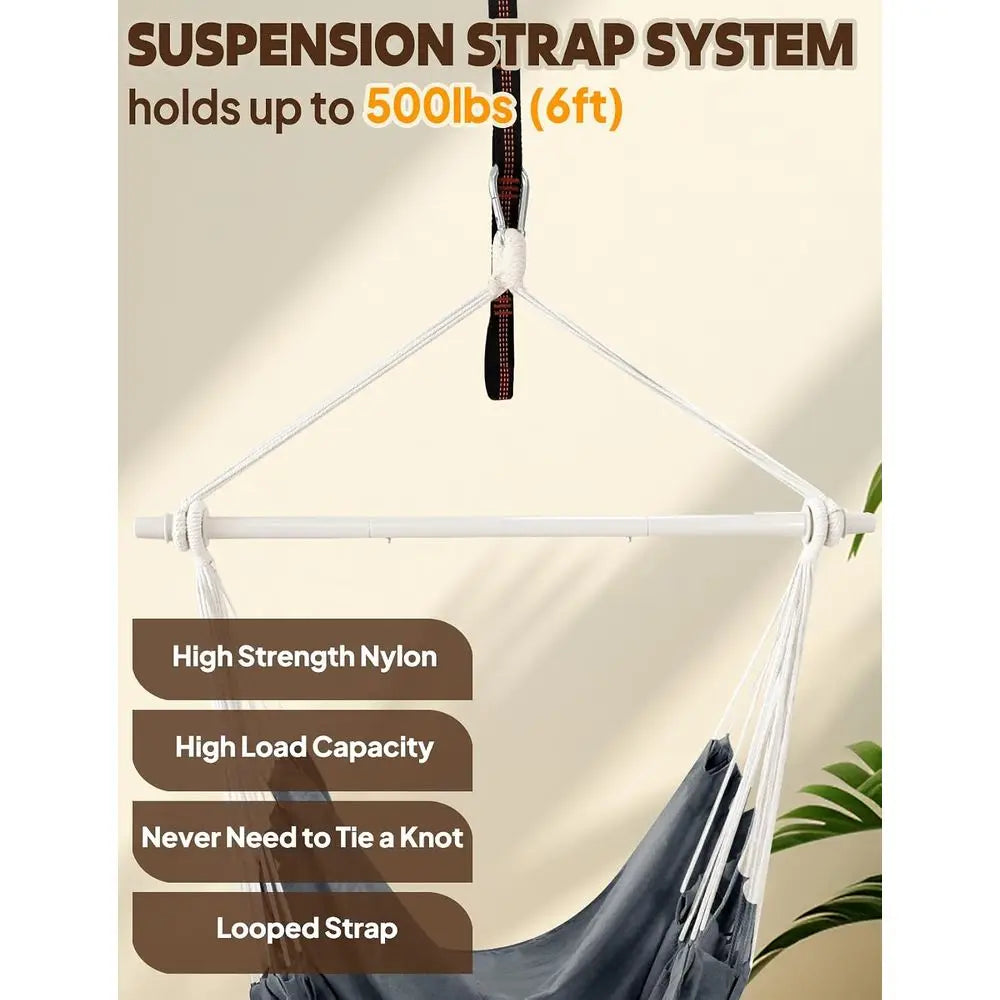 Hammock Chair Swing - Strong Metal, Collapsible, Portable, Max 500 lbs, Comfy Seat, Patio & Lawn, Cotton Blended, Indoor/Outdoor