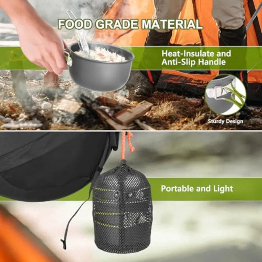 Camping Cookware Set, Portable Camping Mess Kit with Non-Stick Pots, Pans Set and Folding Fork, Lightweight Backpacking cookware